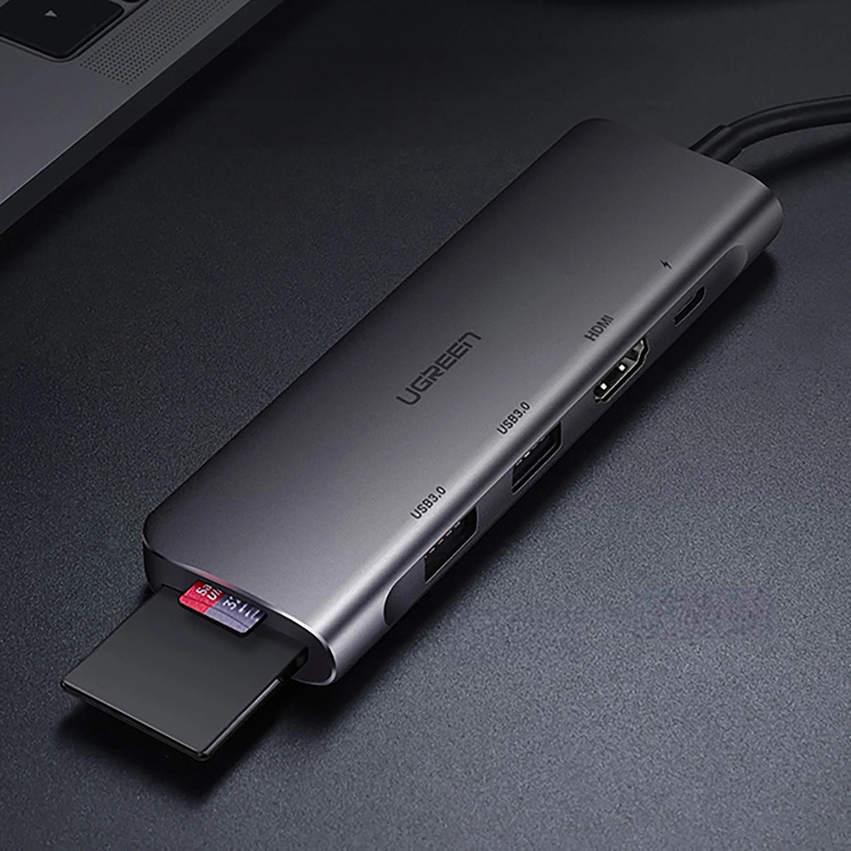 Ugreen CM195 6in1 adapter USB-C - HDMI / 2x USB-A 3.0 / USB-C PD / SD / TF-læser - grå