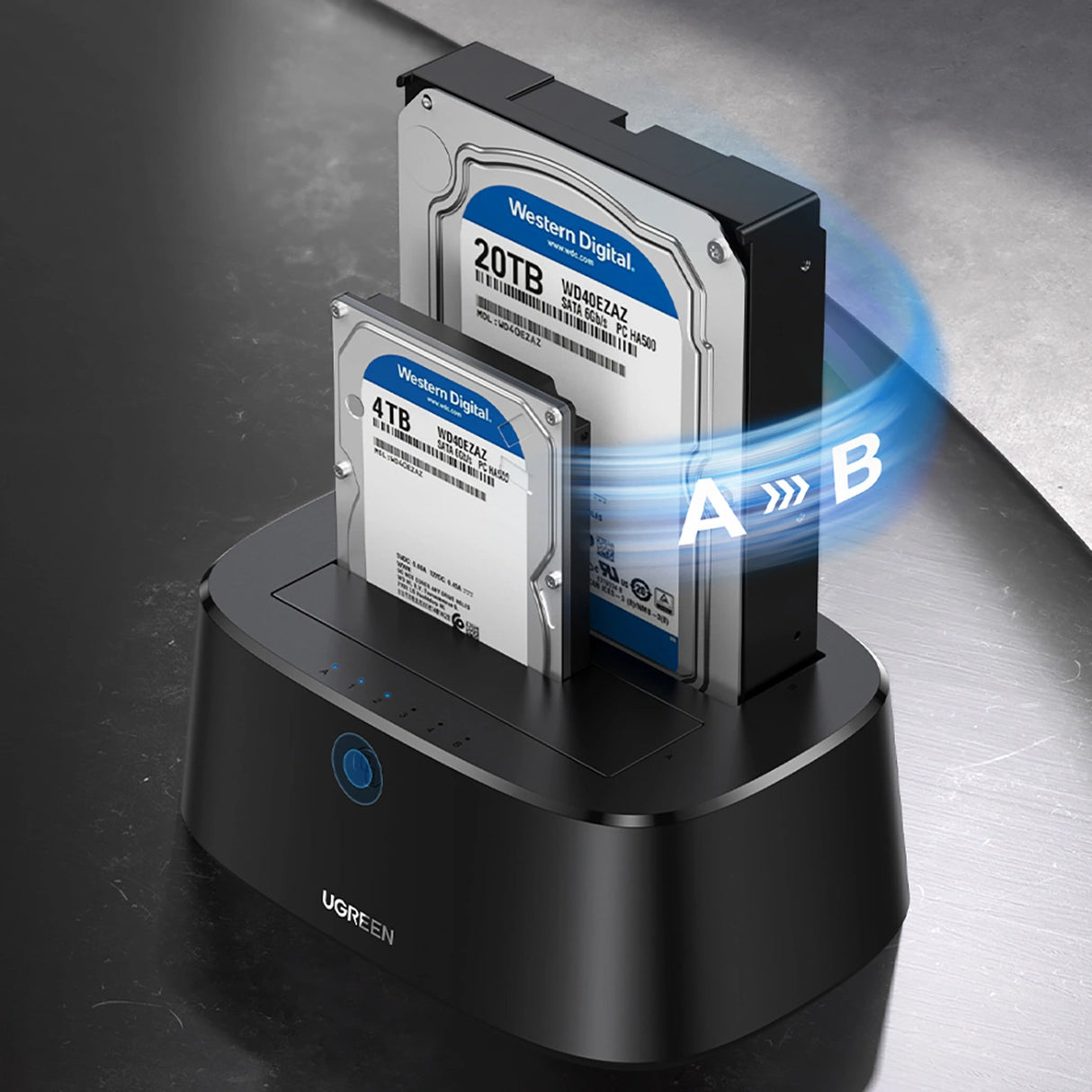 Ugreen CM198 50857 docking station med USB 3.0 til SATA 2.5" 3.5" SSD HHD drev, EU strømforsyning - sort