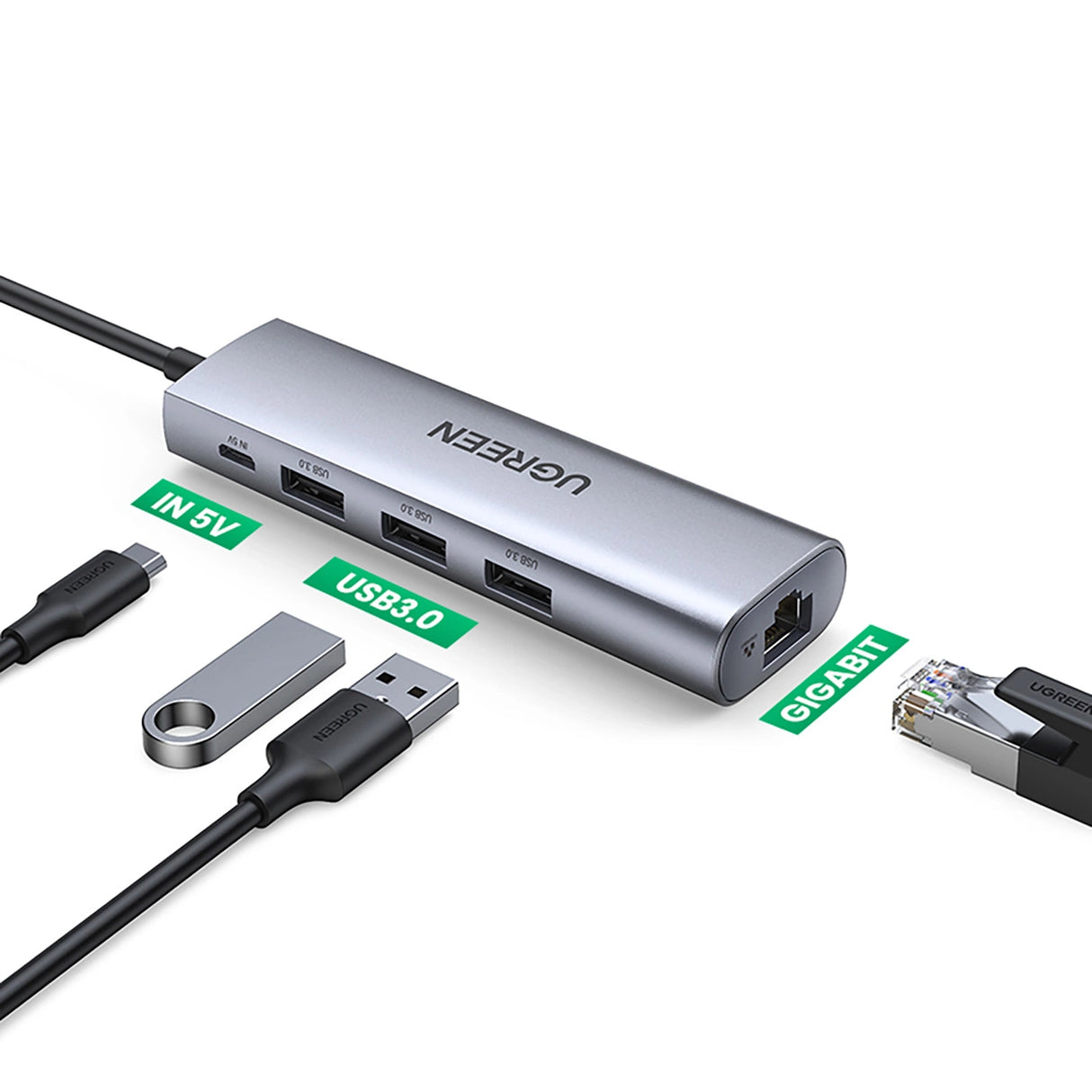 Ugreen CM266 60812 5in1 USB-A 3.0 - RJ45 / 3x USB-A 3.0 / micro USB-adapter - grå