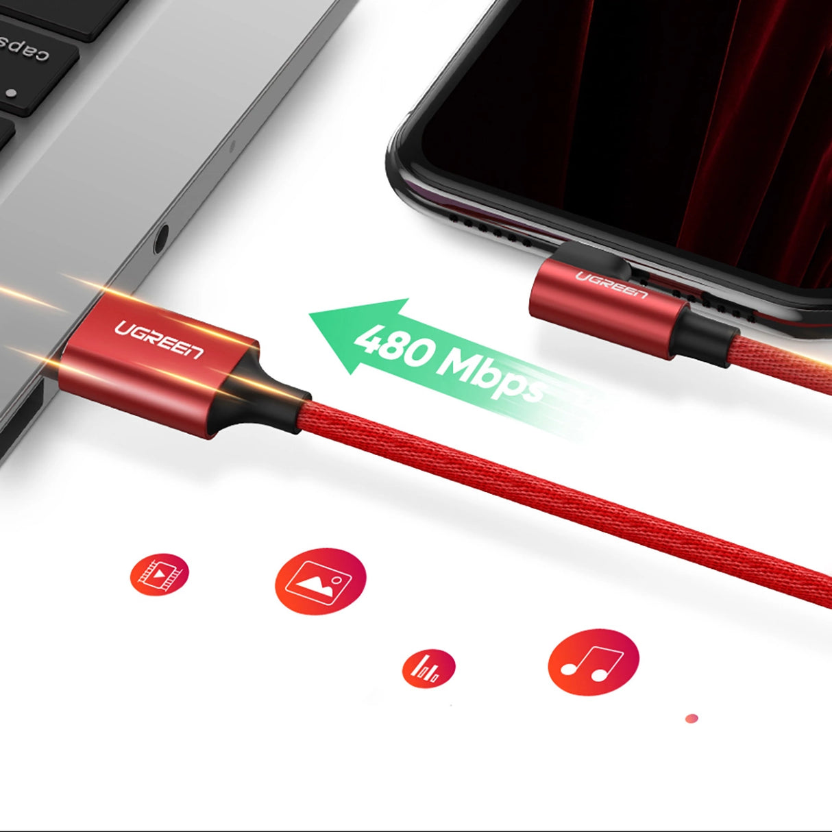 Ugreen US299 60555 vinklet Lightning / USB-A MFi-kabel 2.4A 1m - rød
