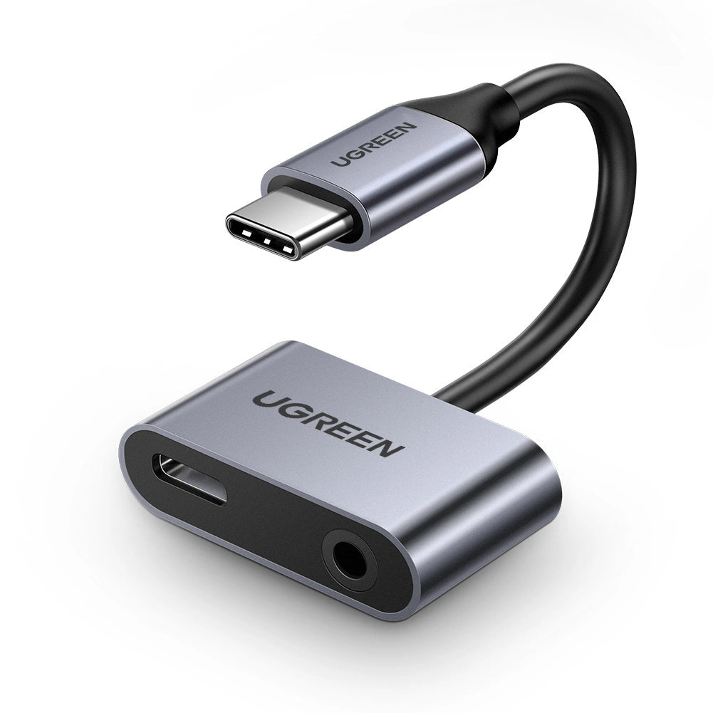 Ugreen CM193 50596 lydadapter to-port USB-C (mandlig) - mini jack 3,5 mm / USB-C (kvindelig) - grå