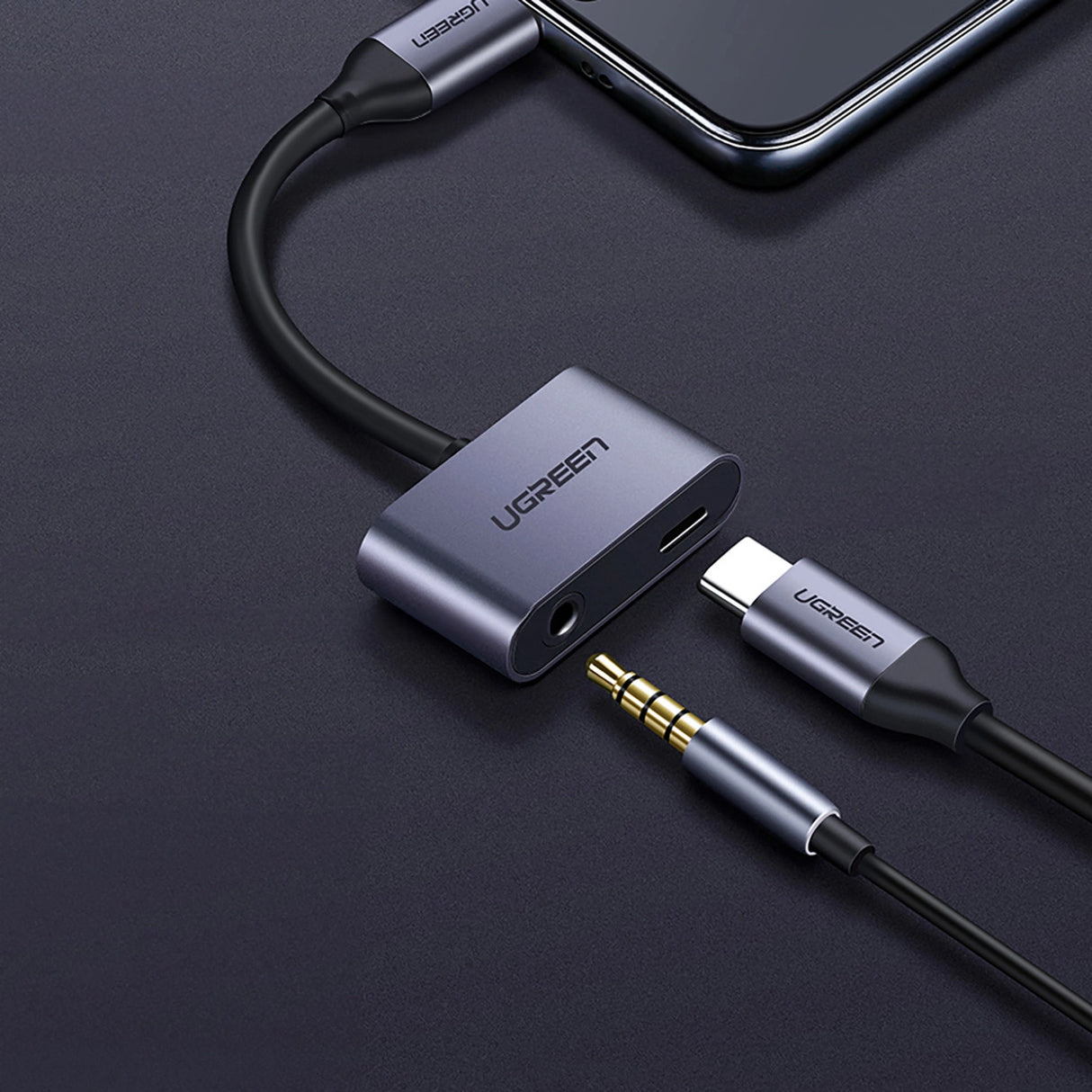 Ugreen CM193 50596 lydadapter to-port USB-C (mandlig) - mini jack 3,5 mm / USB-C (kvindelig) - grå