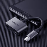 Ugreen CM193 50596 lydadapter to-port USB-C (mandlig) - mini jack 3,5 mm / USB-C (kvindelig) - grå