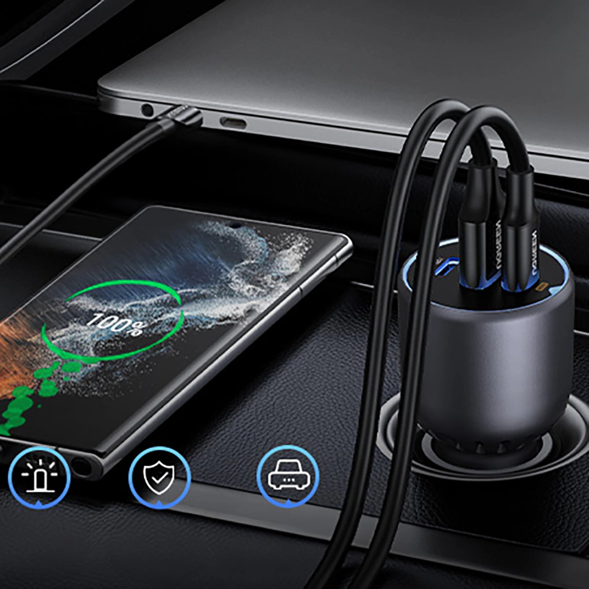 Ugreen EC705 biloplader 130W 2x USB-C 1x USB-A - grå