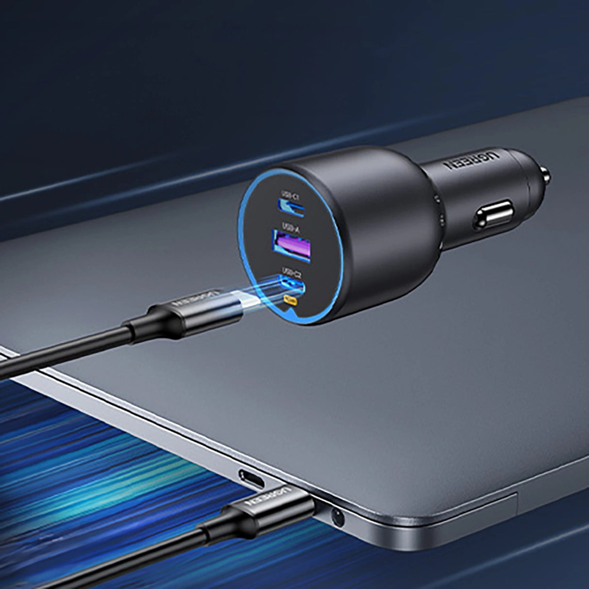 Ugreen EC705 biloplader 130W 2x USB-C 1x USB-A - grå