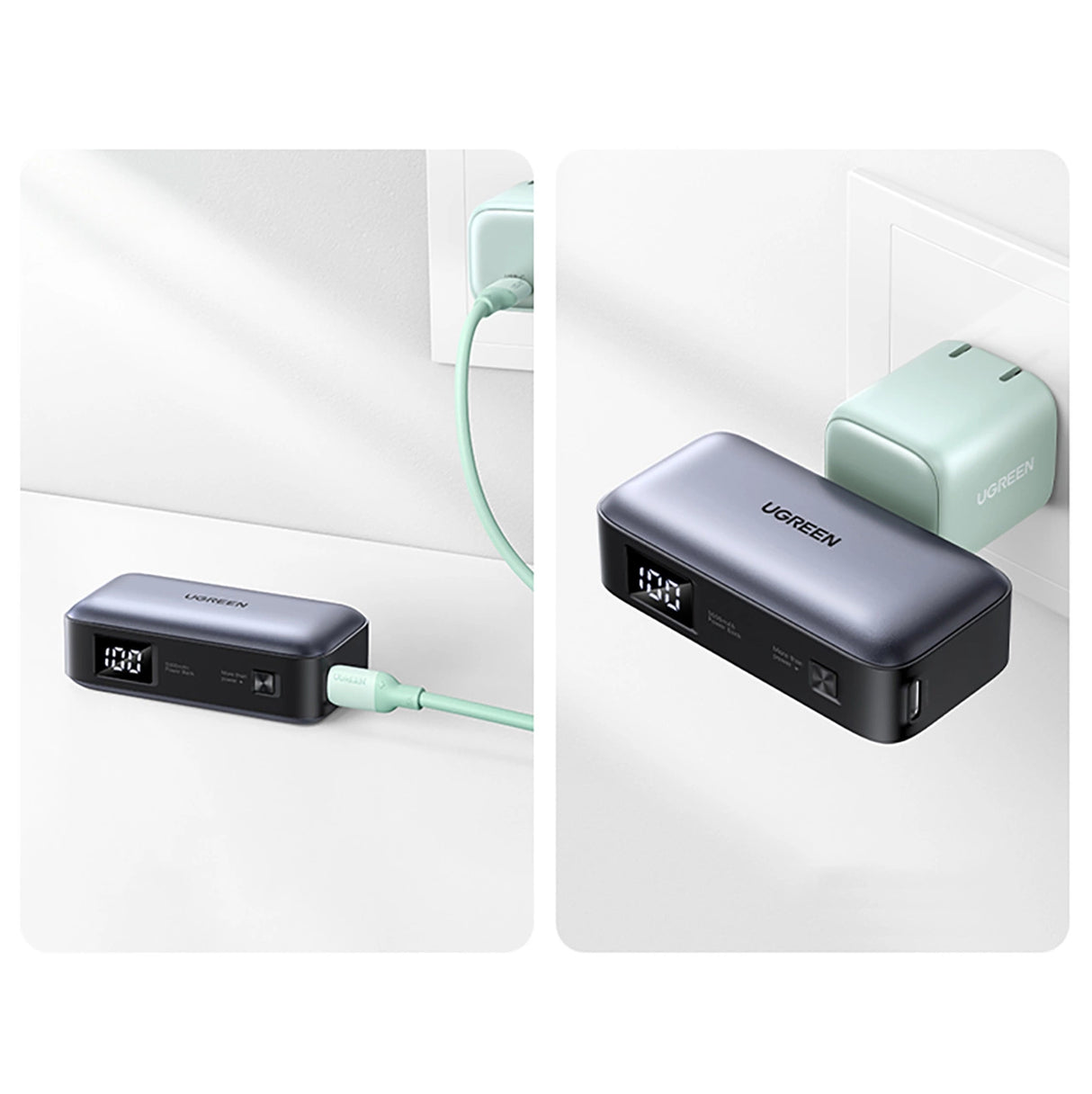 Ugreen PB503 5000mAh powerbank med USB-C-port og integreret USB-C-stik - grå
