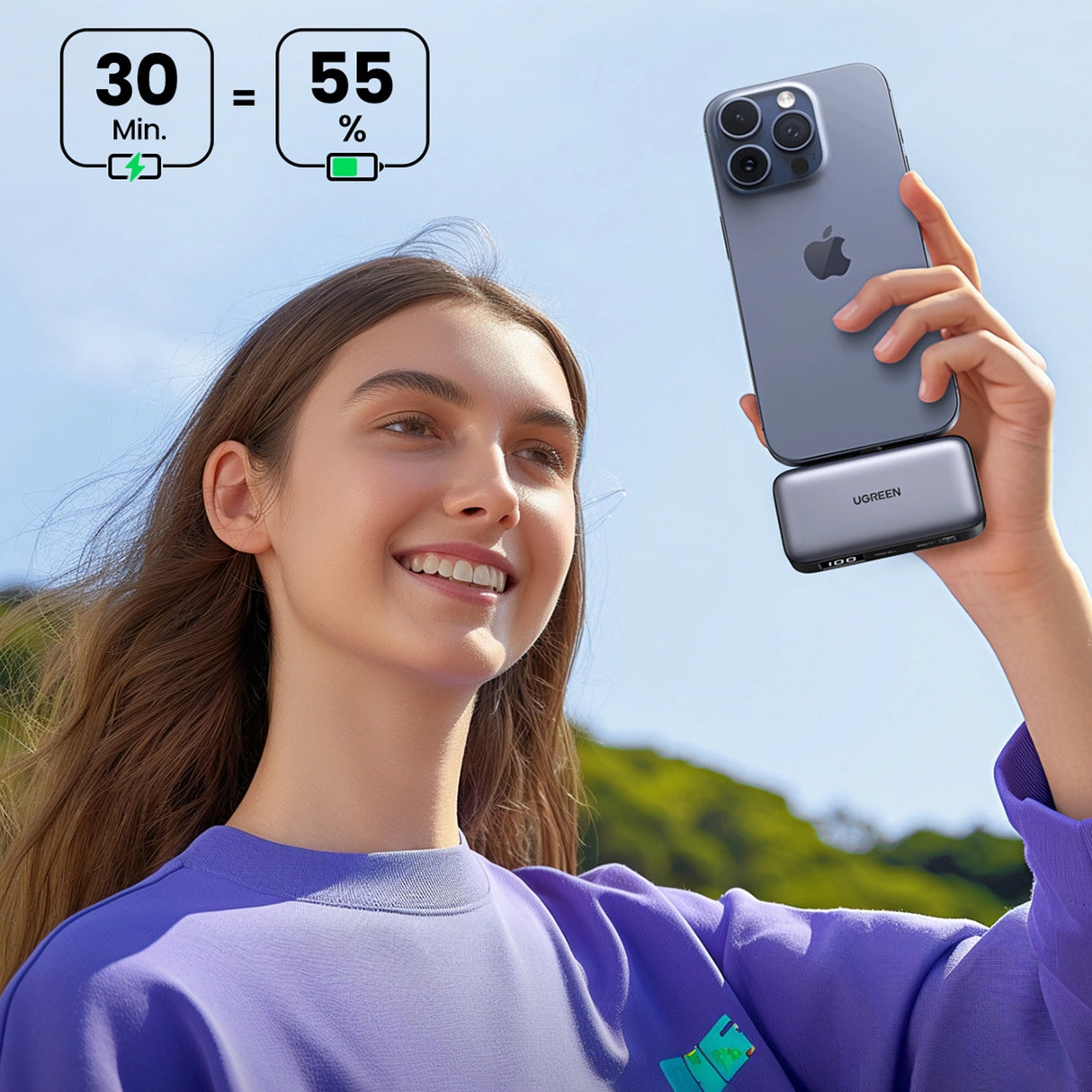 Ugreen PB503 5000mAh powerbank med USB-C-port og integreret USB-C-stik - grå