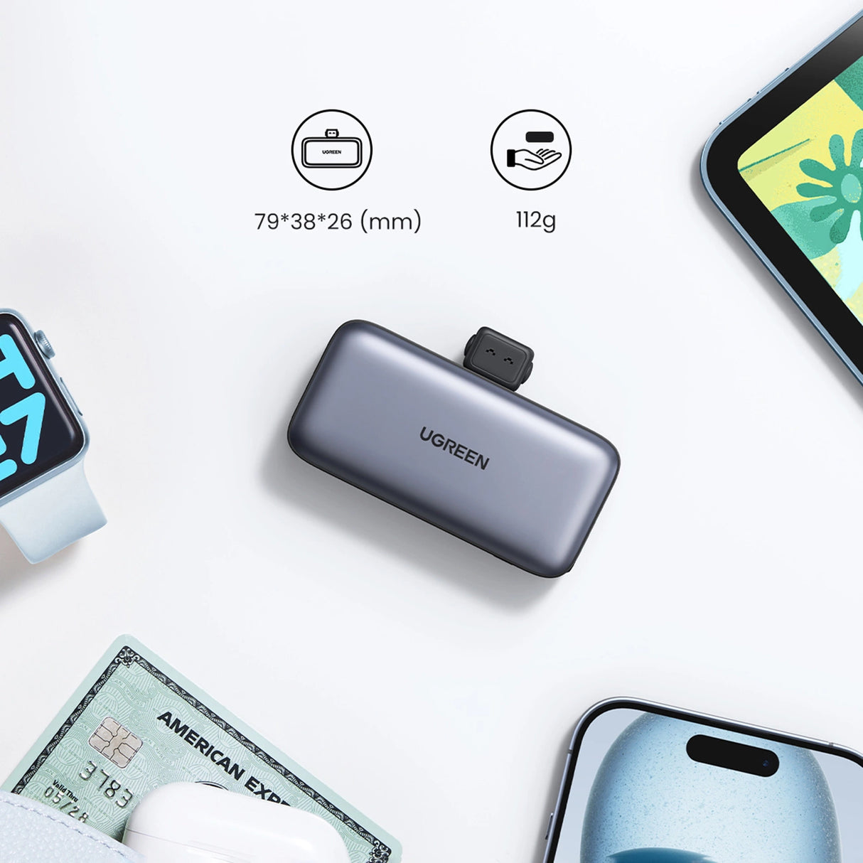 Ugreen PB503 5000mAh powerbank med USB-C-port og integreret USB-C-stik - grå