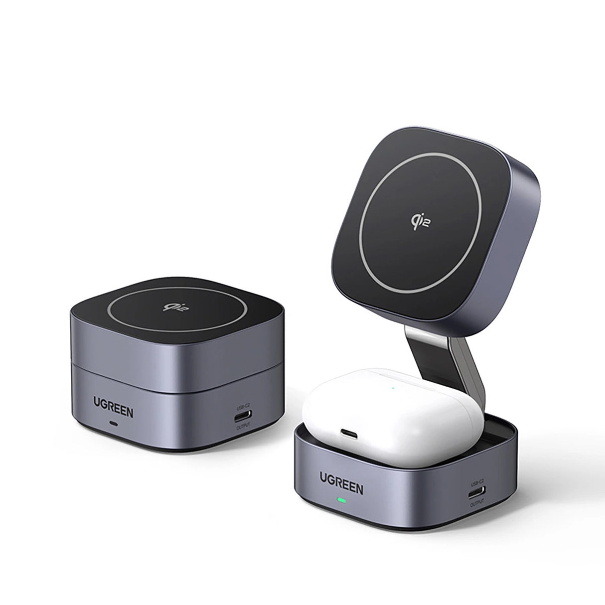 Ugreen W702 3in1 induktiv oplader med MagSafe / Qi2 og USB-C-port til telefon / hovedtelefoner - sort