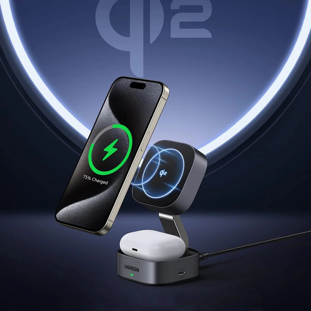 Ugreen W702 3in1 induktiv oplader med MagSafe / Qi2 og USB-C-port til telefon / hovedtelefoner - sort