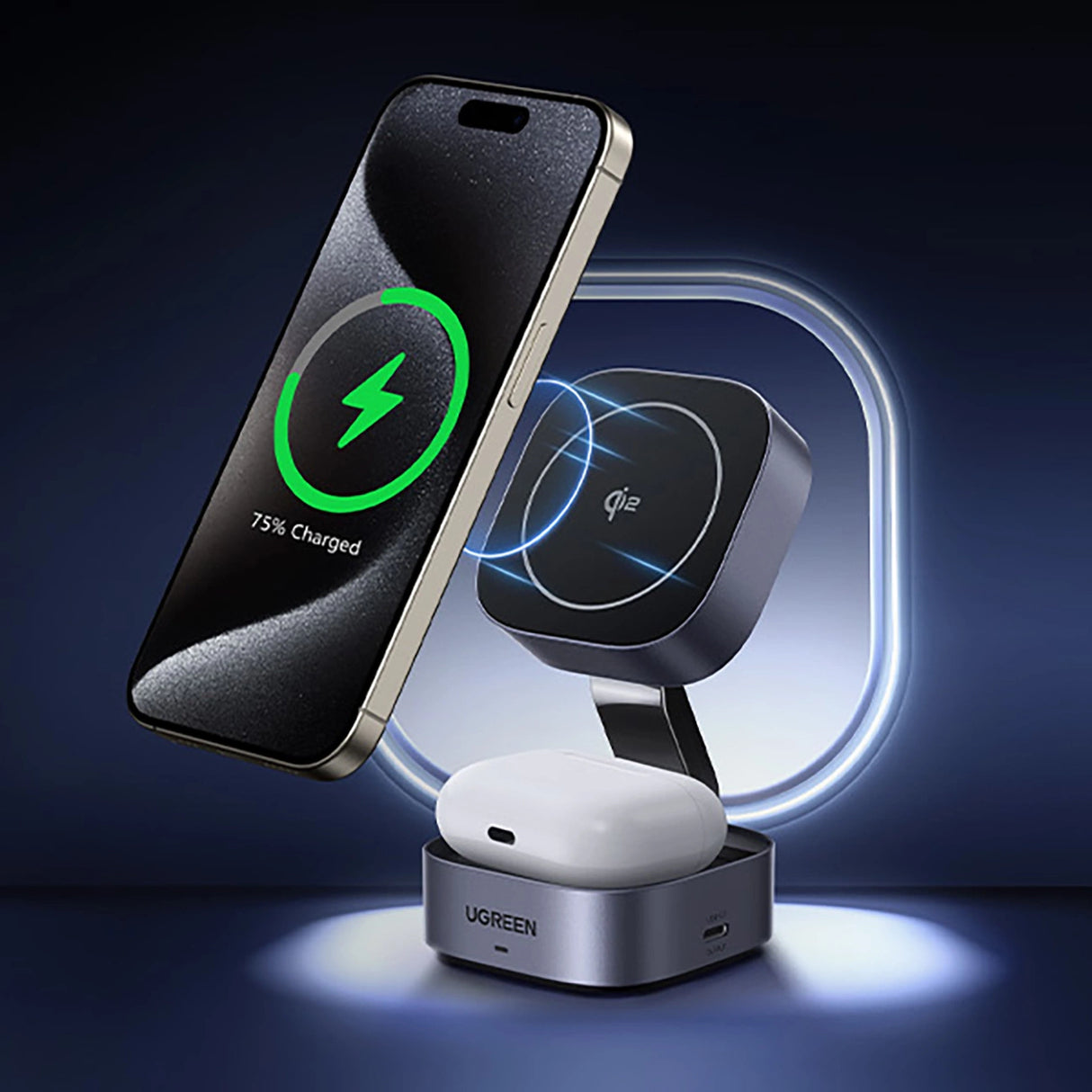 Ugreen W702 3in1 induktiv oplader med MagSafe / Qi2 og USB-C-port til telefon / hovedtelefoner - sort