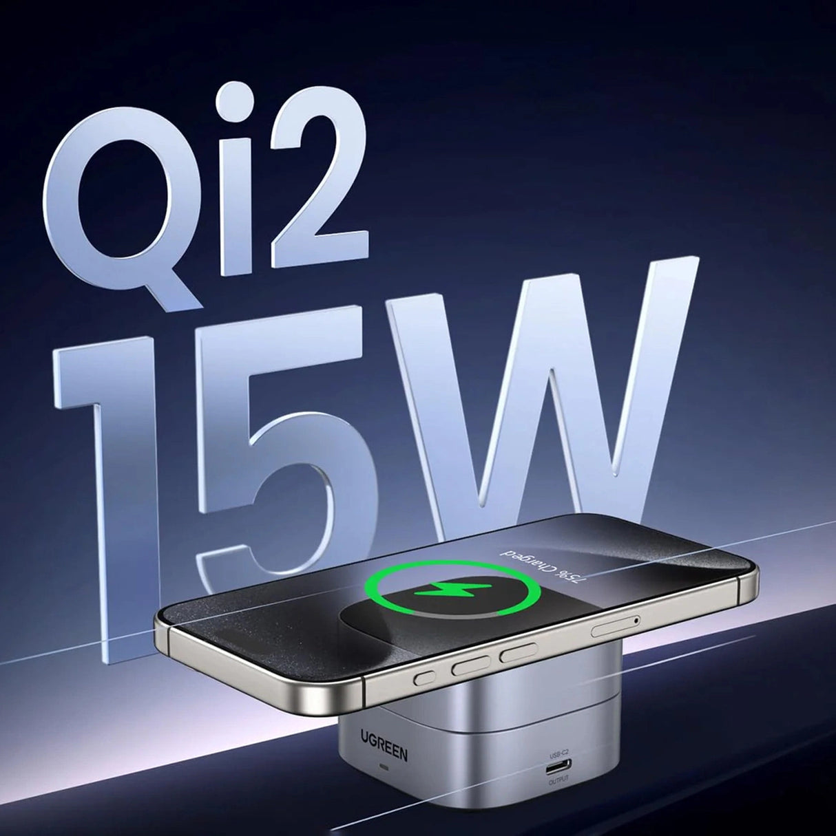 Ugreen W702 3in1 induktiv oplader med MagSafe / Qi2 og USB-C-port til telefon / hovedtelefoner - sort