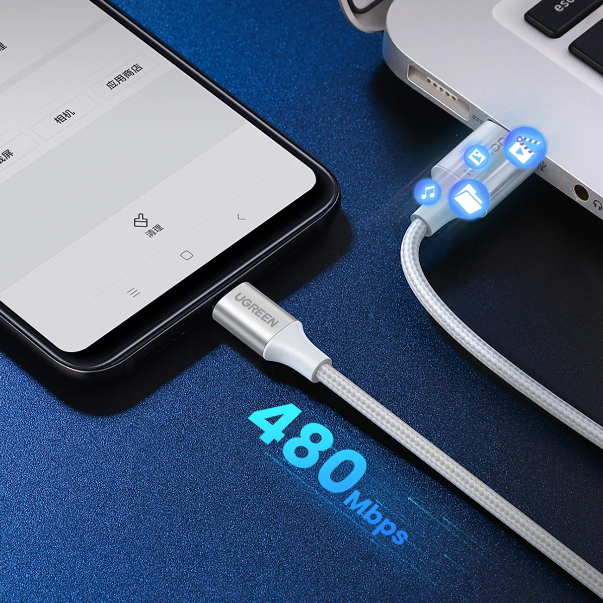Grøn US288 60130 USB-A / USB-C QC 3.0 3A Kabel 0,5 m - Hvid