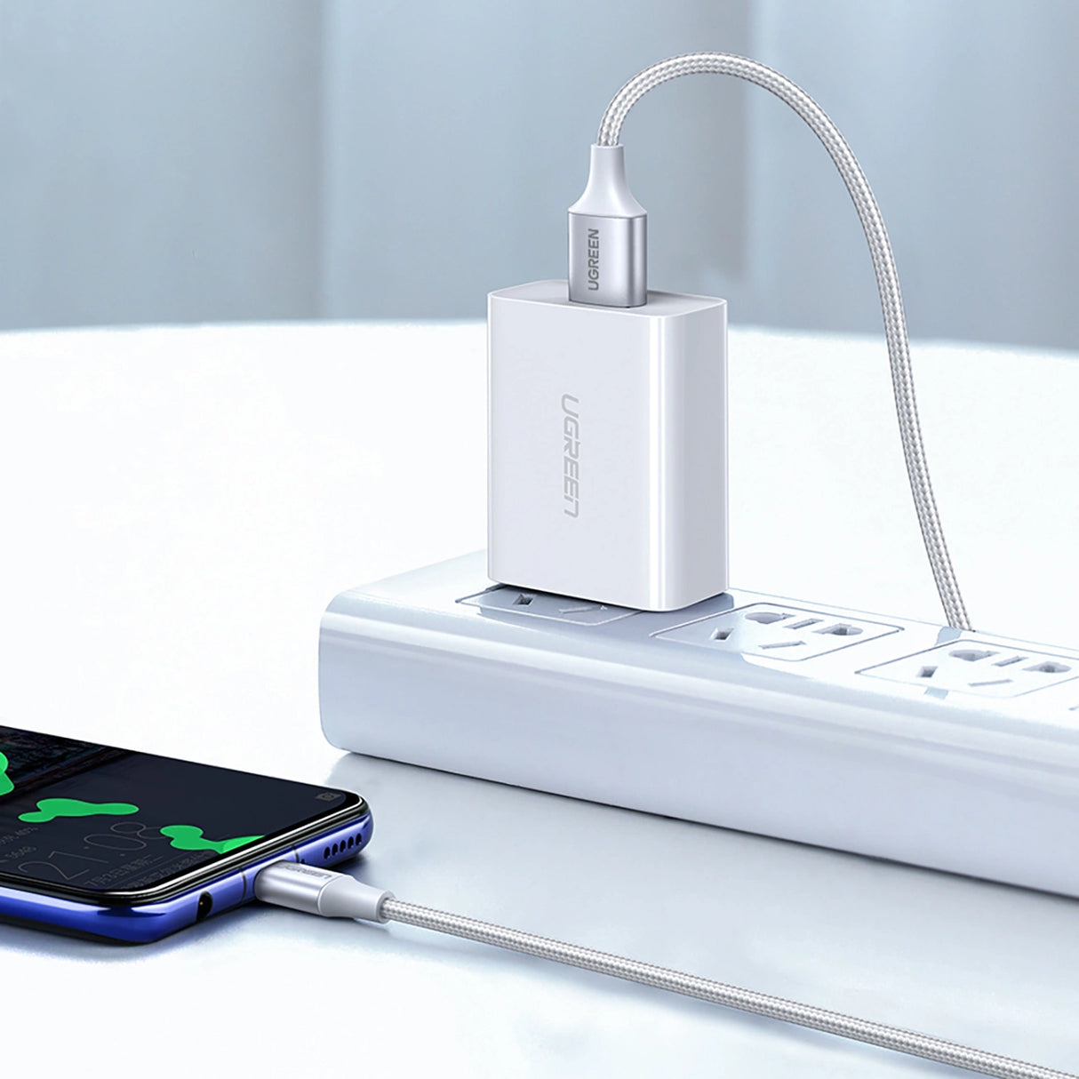 Grøn US288 60130 USB-A / USB-C QC 3.0 3A Kabel 0,5 m - Hvid