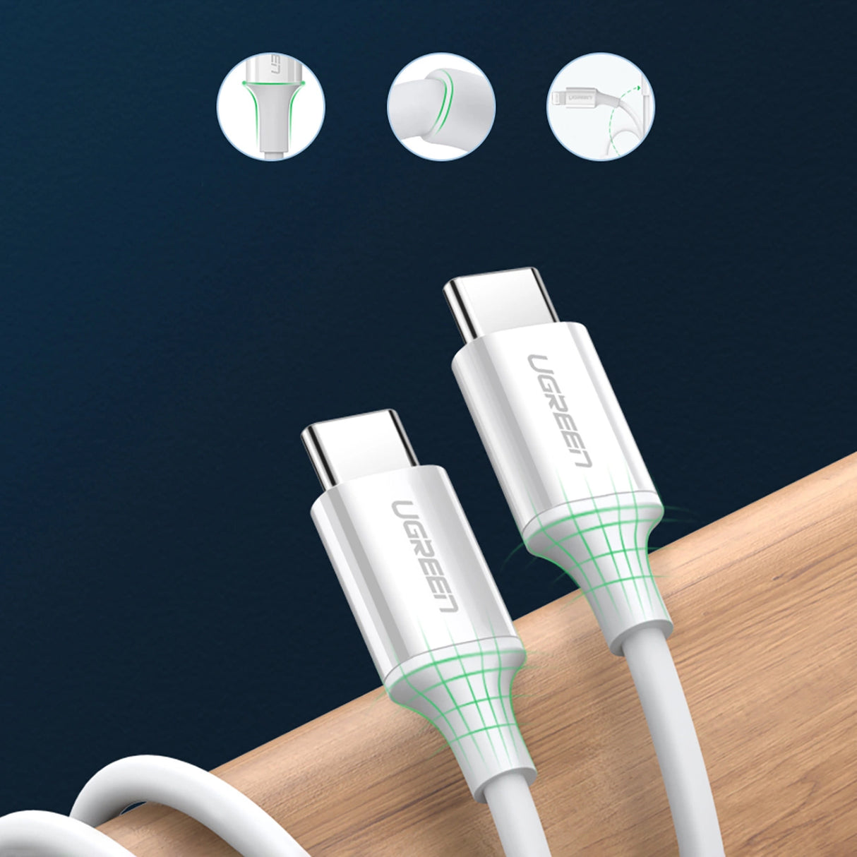 Grøn US264 60518 USB-C / USB-C PD QC AFC-kabel 1m - hvid