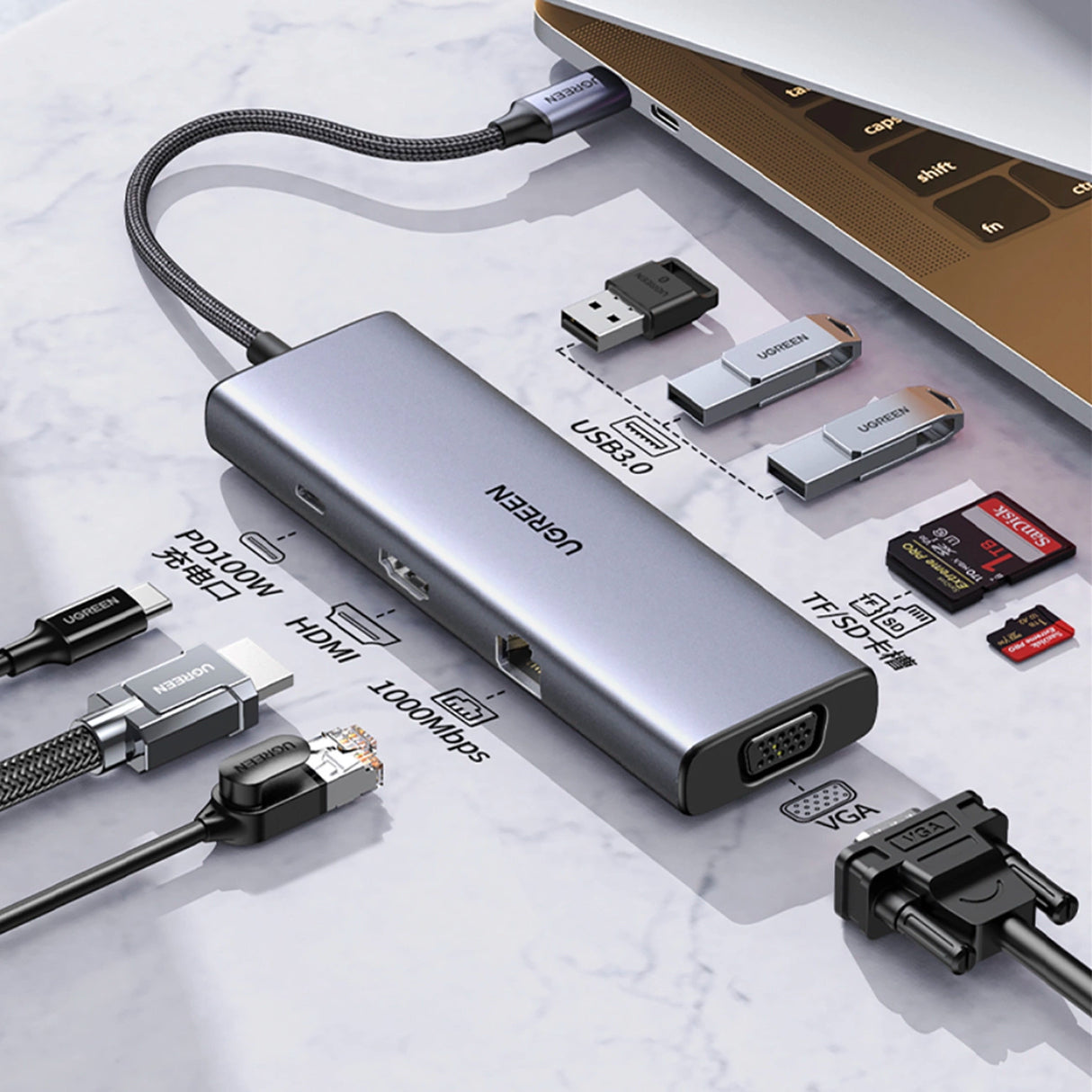 Ugreen CM498 15600 USB-C Adapter - 3x USB-A 3.0 / HDMI / VGA / RJ45 / SD / TF Card Reader / USB-C PD - Grå