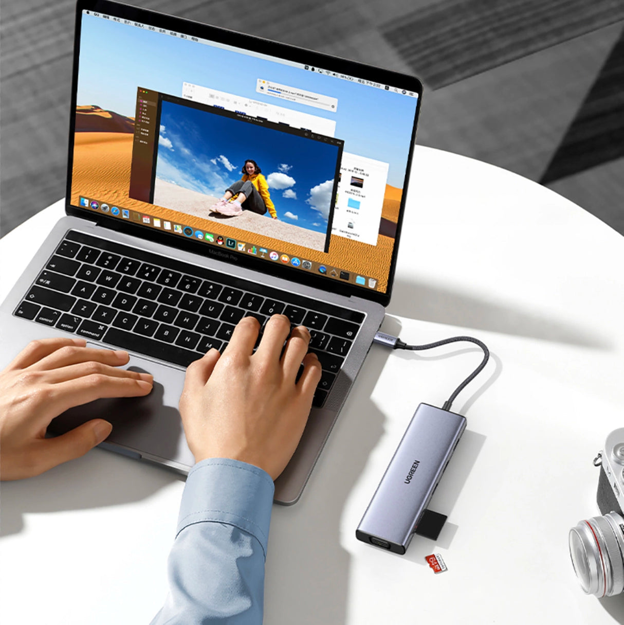 Ugreen CM498 15600 USB-C Adapter - 3x USB-A 3.0 / HDMI / VGA / RJ45 / SD / TF Card Reader / USB-C PD - Grå