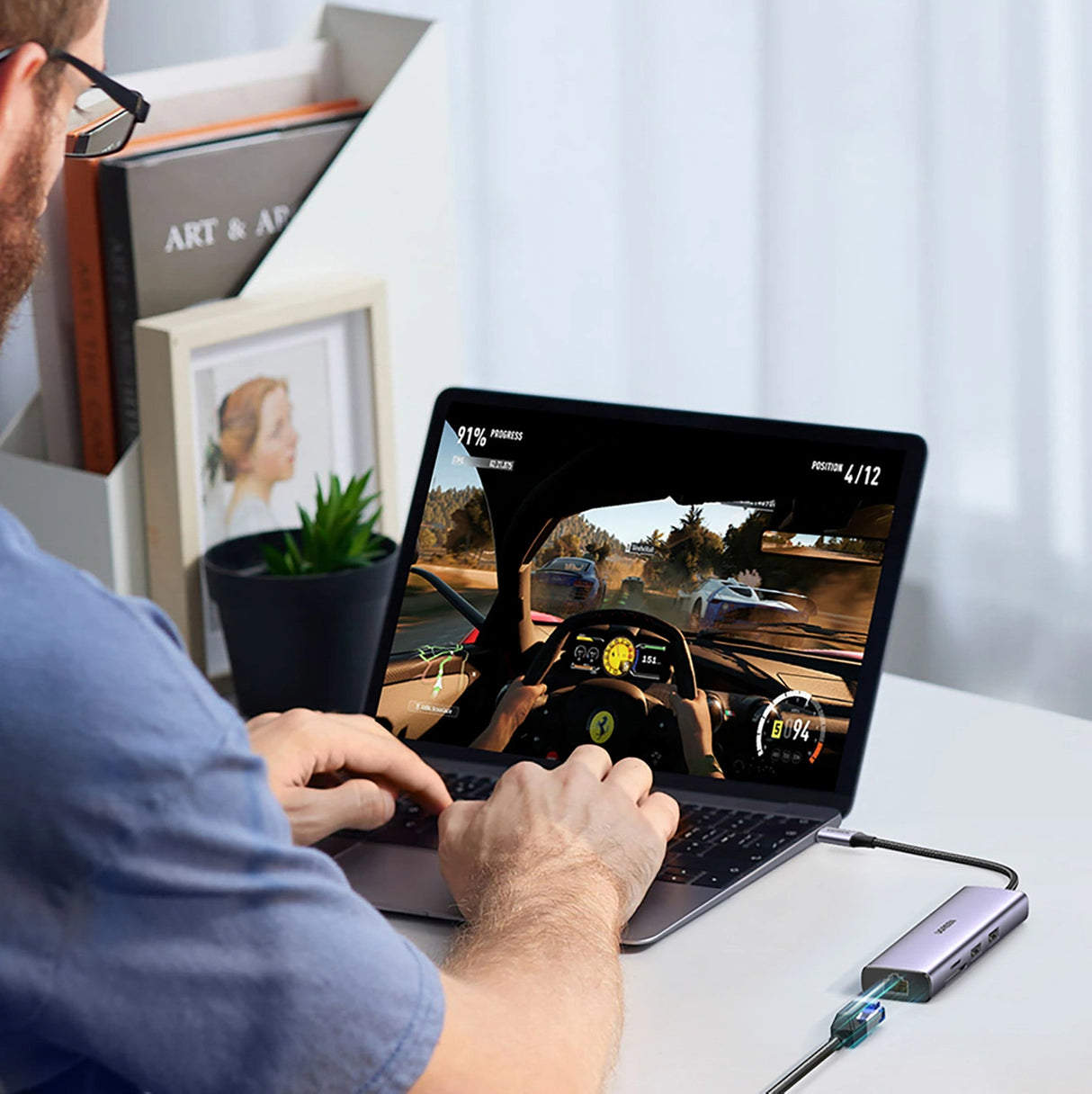 Ugreen CM512 90568 USB-C Adapter - 2x USB-A 3.0 / HDMI / RJ45 / SD og TF Card Reader / USB-C PD 100W - Grå