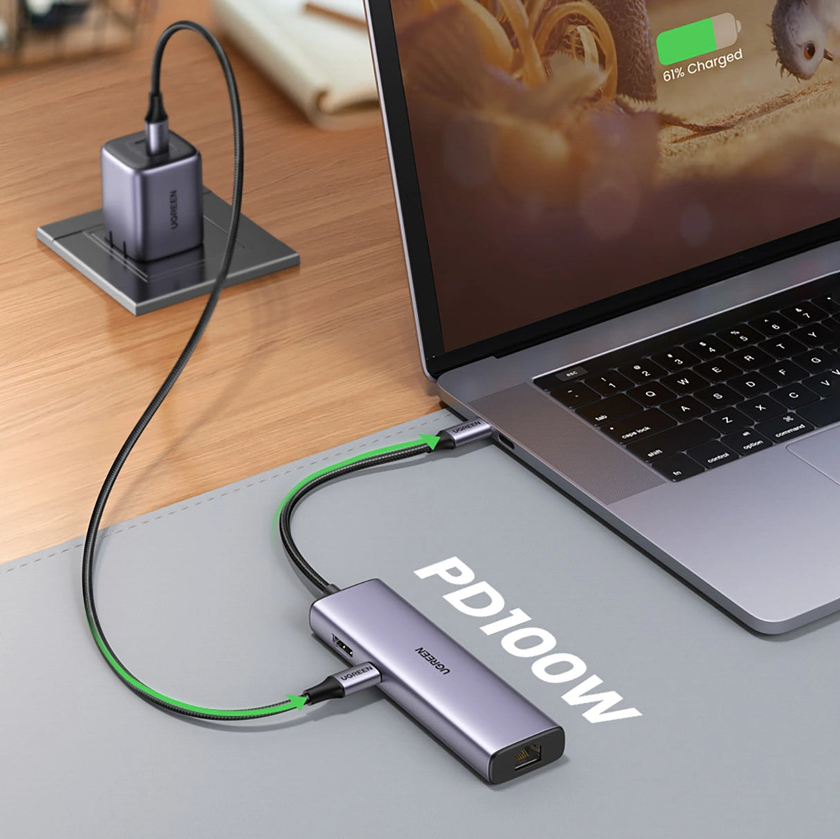 Ugreen CM512 90568 USB-C Adapter - 2x USB-A 3.0 / HDMI / RJ45 / SD og TF Card Reader / USB-C PD 100W - Grå