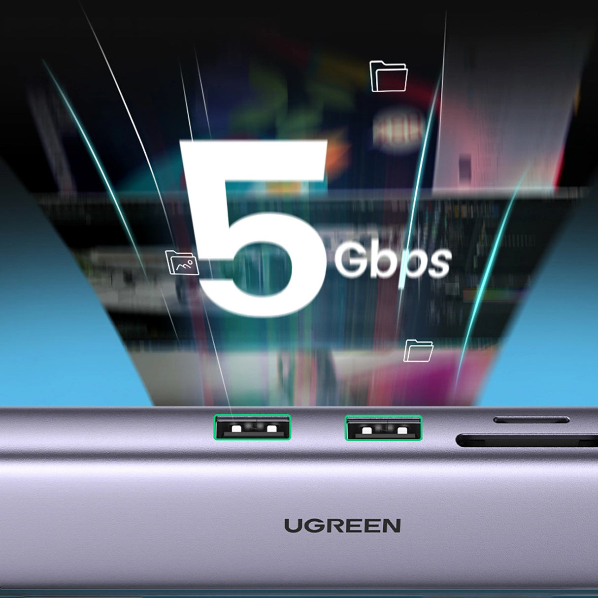 Ugreen CM512 90568 USB-C Adapter - 2x USB-A 3.0 / HDMI / RJ45 / SD og TF Card Reader / USB-C PD 100W - Grå