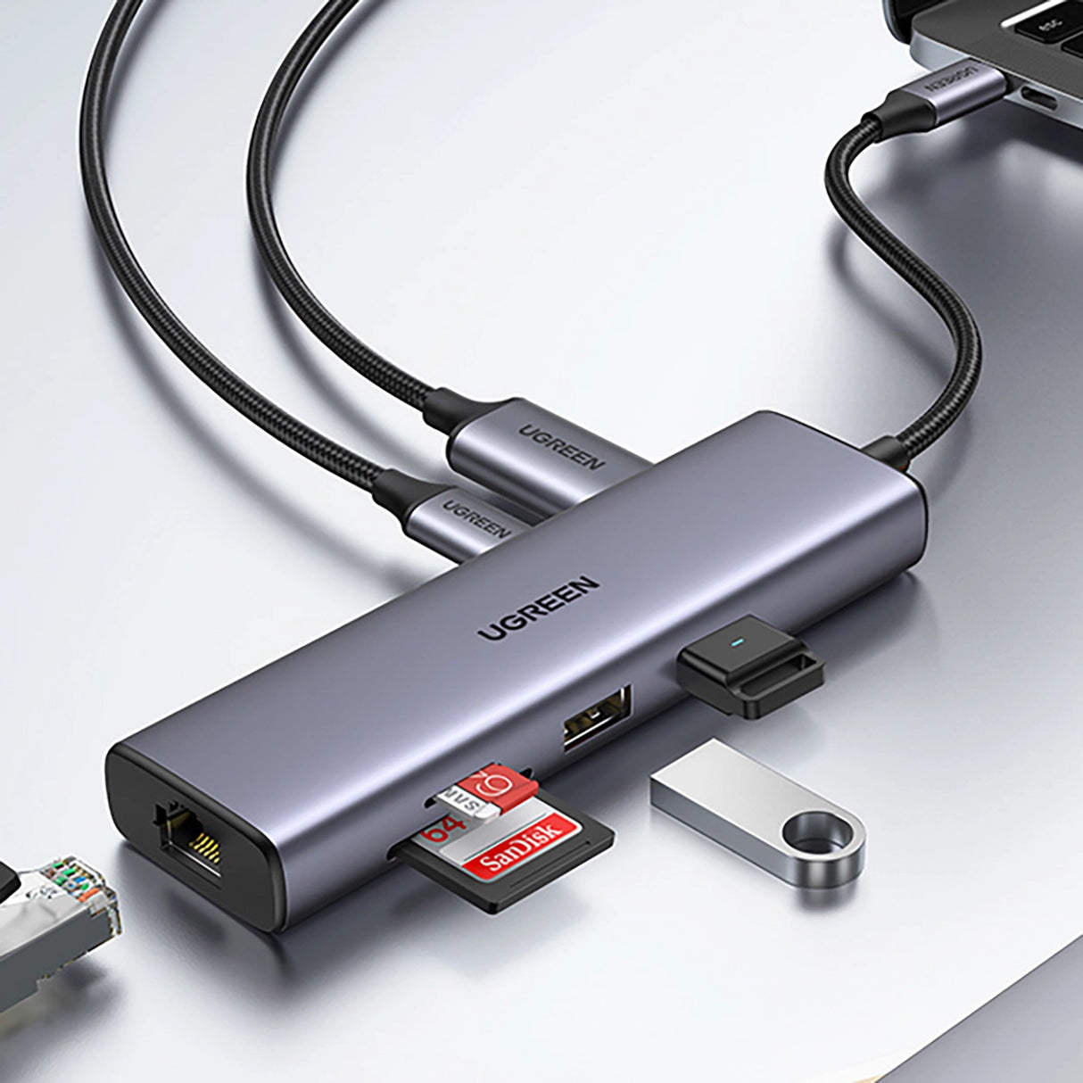 Ugreen CM512 90568 USB-C Adapter - 2x USB-A 3.0 / HDMI / RJ45 / SD og TF Card Reader / USB-C PD 100W - Grå