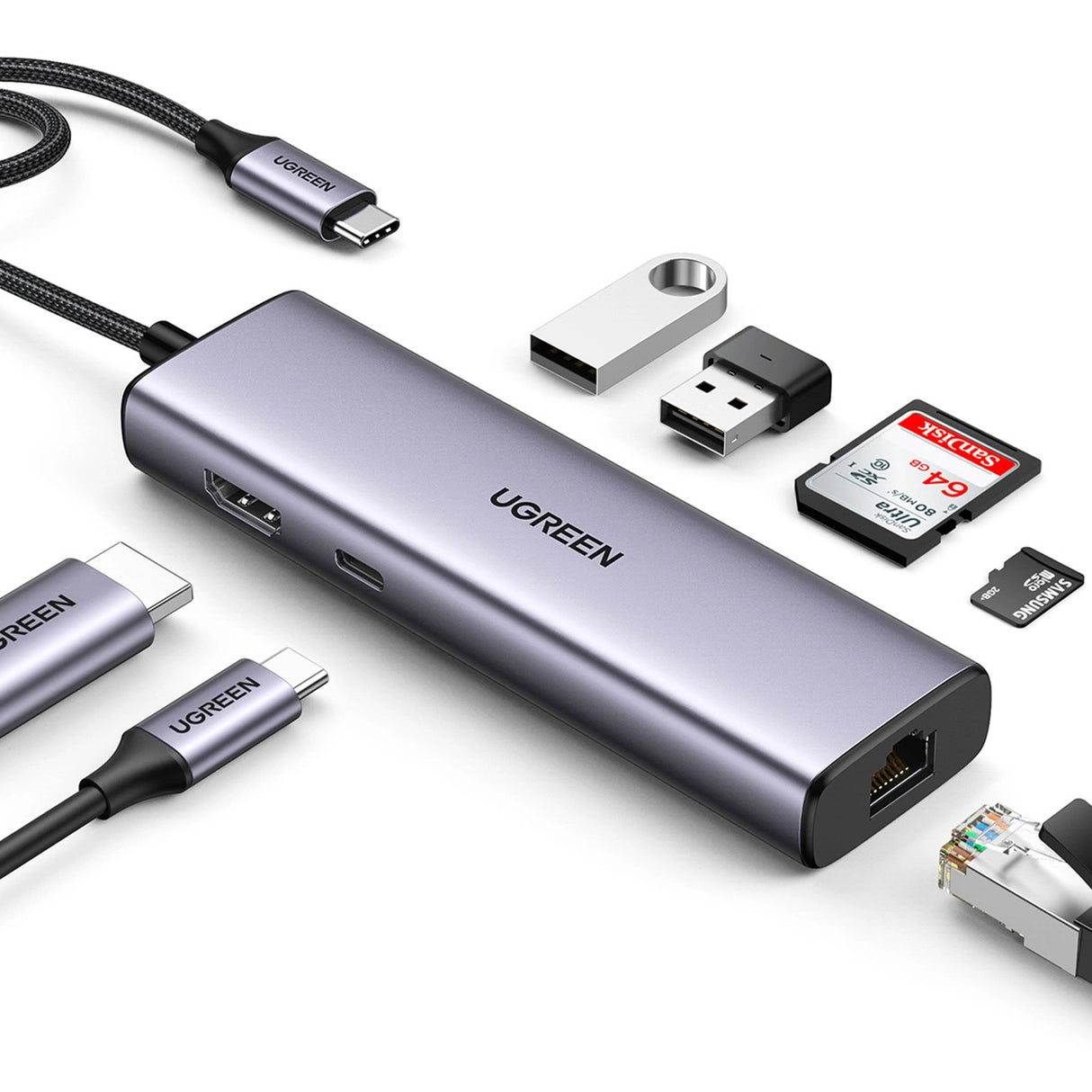 Ugreen CM512 90568 USB-C Adapter - 2x USB-A 3.0 / HDMI / RJ45 / SD og TF Card Reader / USB-C PD 100W - Grå