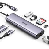 Ugreen CM512 90568 USB-C Adapter - 2x USB-A 3.0 / HDMI / RJ45 / SD og TF Card Reader / USB-C PD 100W - Grå