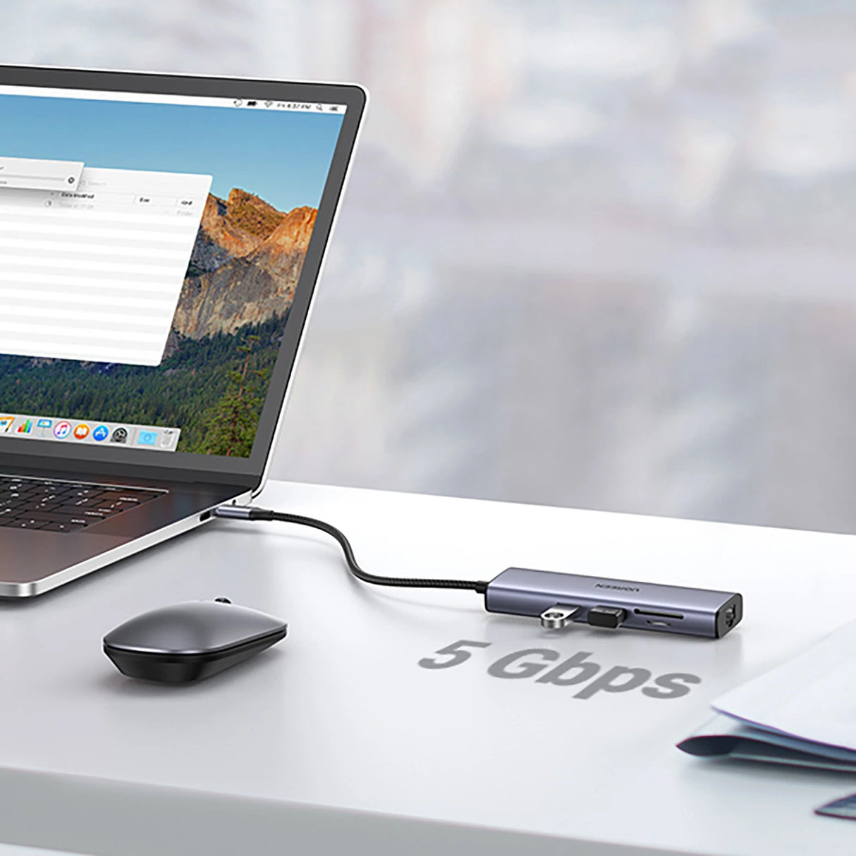 Ugreen CM512 90568 USB-C Adapter - 2x USB-A 3.0 / HDMI / RJ45 / SD og TF Card Reader / USB-C PD 100W - Grå