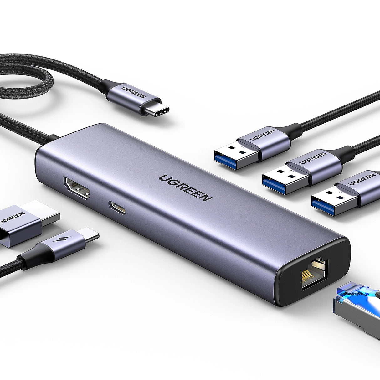HUB Ugreen CM512 15598 6in1 USB-C - 3x USB-A 3.0 / HDMI / RJ45 / USB-C PD - grå