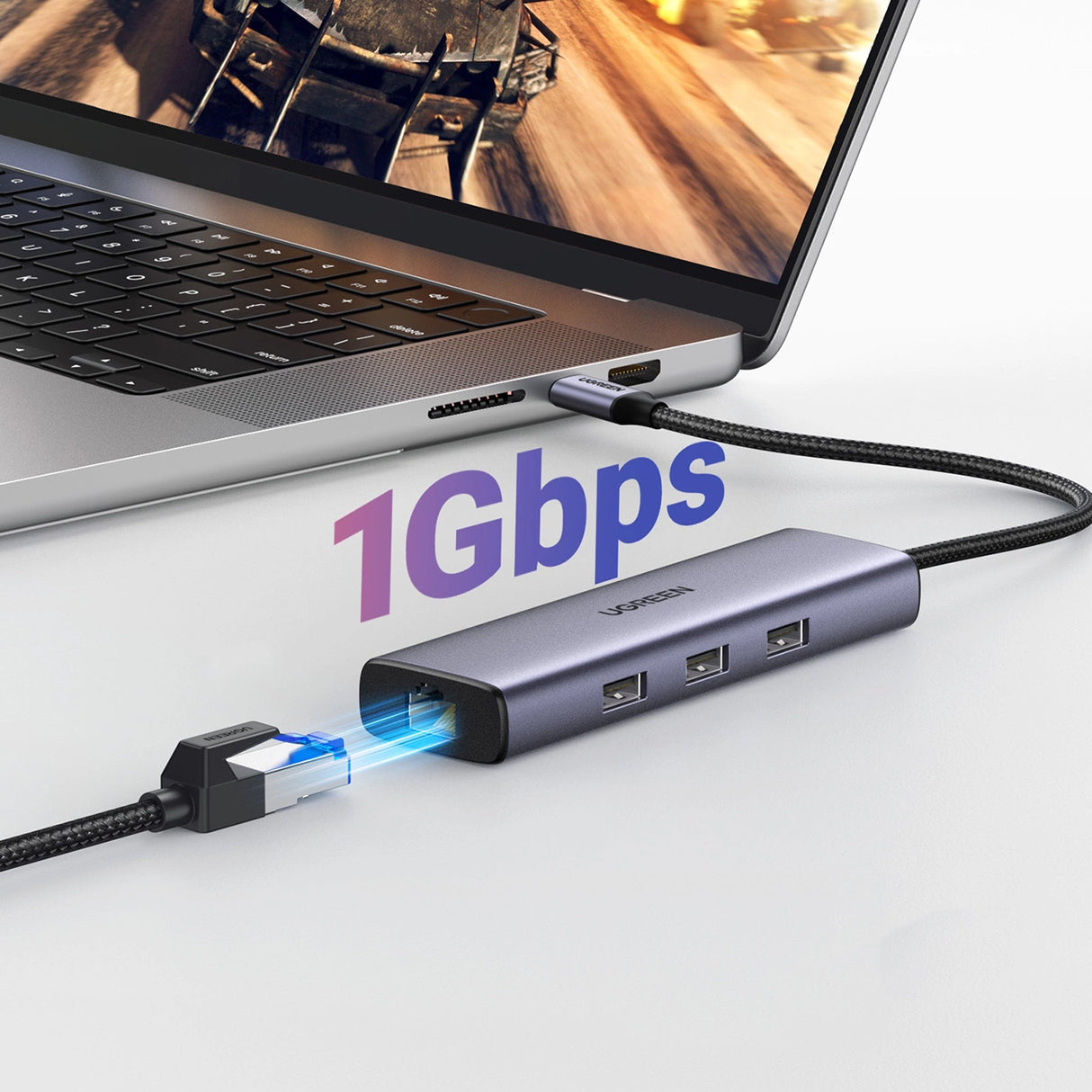 HUB Ugreen CM512 15598 6in1 USB-C - 3x USB-A 3.0 / HDMI / RJ45 / USB-C PD - grå