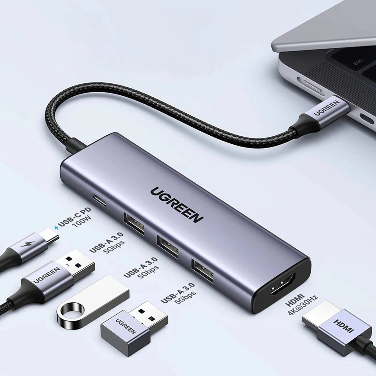 HUB Ugreen CM511 15597 5in1 USB-C - USB-C PD / HDMI / 3x USB-A 3.0 - grå