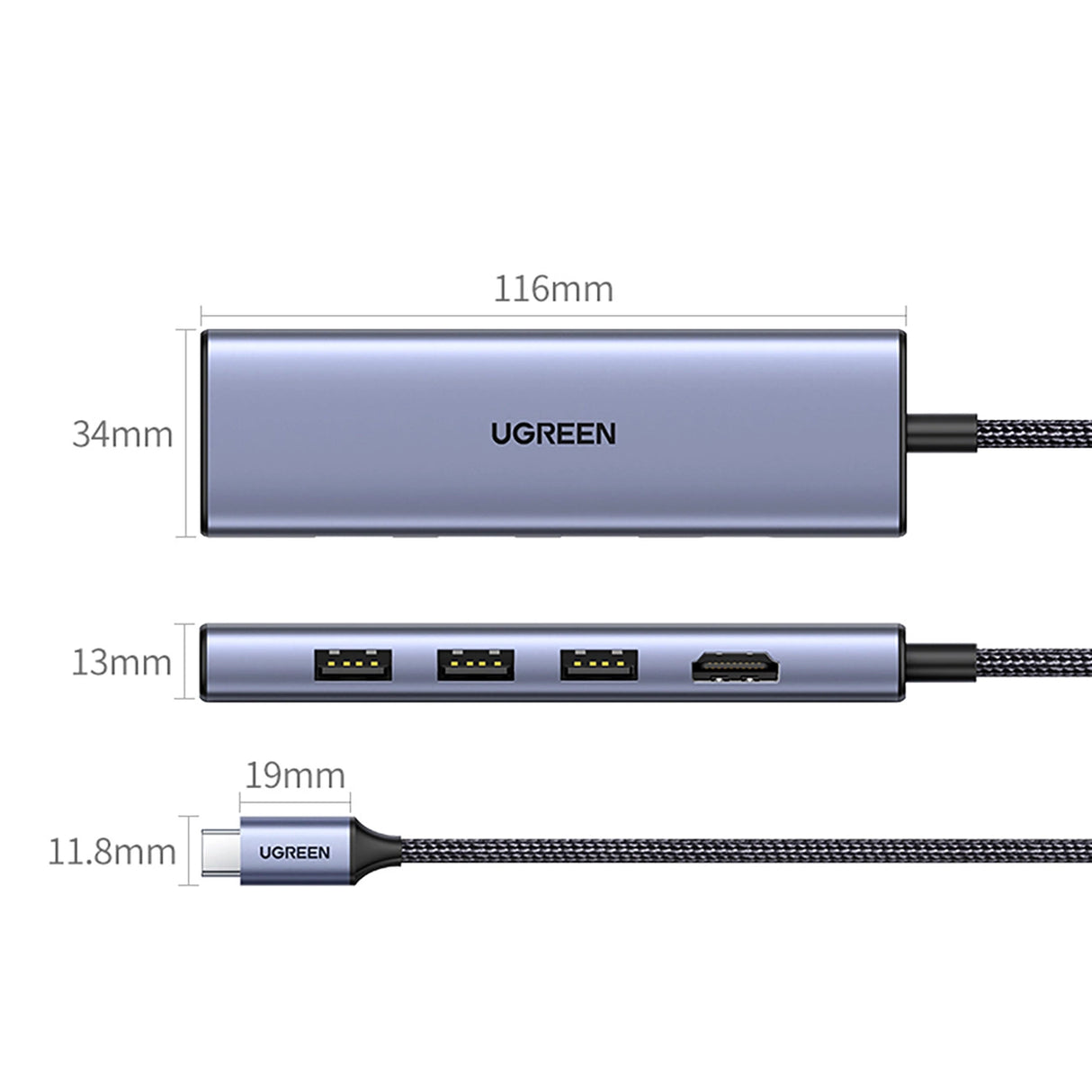 HUB Ugreen CM511 20956A 6in1 USB-C - HDMI / 3x USB-A 3.0 / SD/TF-kortlæser - grå