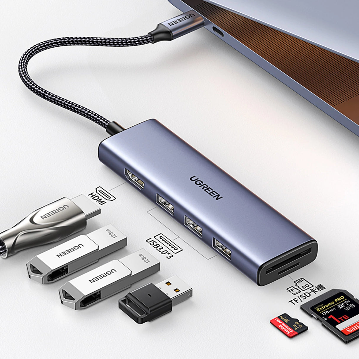 HUB Ugreen CM511 20956A 6in1 USB-C - HDMI / 3x USB-A 3.0 / SD/TF-kortlæser - grå