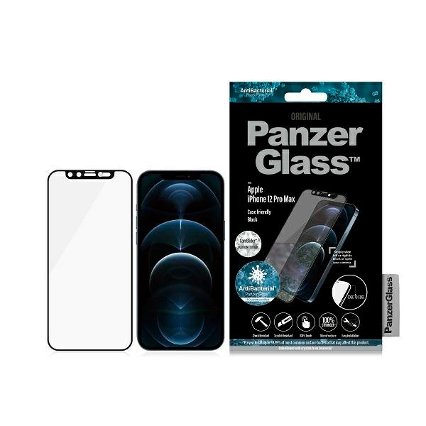 PanzerGlass E2E Microfracture antibakterielt glas med kamera cover med Swarovsky Crystal til iPhone 12 Pro Max - med sort ramme
