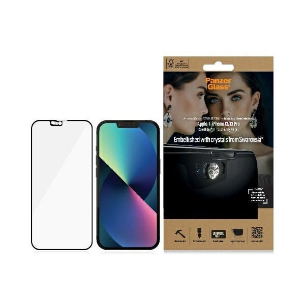 PanzerGlass E2E Microfracture Antibacterial Glass med Swarovsky Crystal Camera Cover til iPhone 13/13 Pro - Med sort ramme