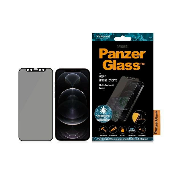PanzerGlass E2E Super+ Microfracture antibakterielt privatliv hærdet glas til iPhone 12 / 12 Pro - med sort ramme