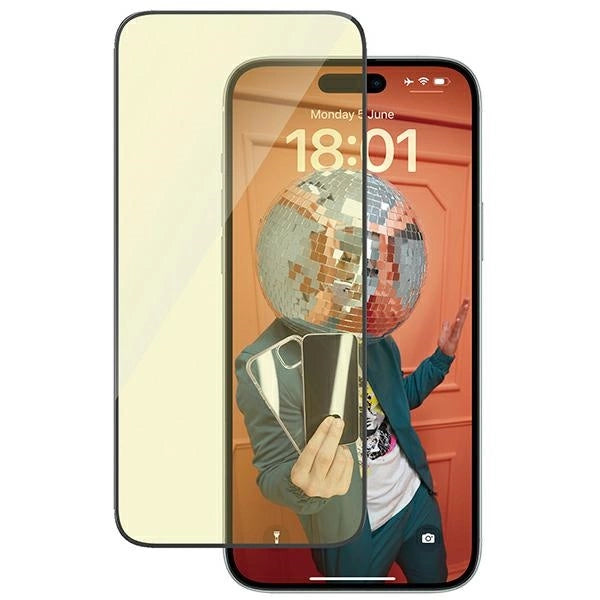PanzerGlass Ultra-Wide Fit tempereret glas med glans og blå lysfilter med positioner til iPhone 15 Plus