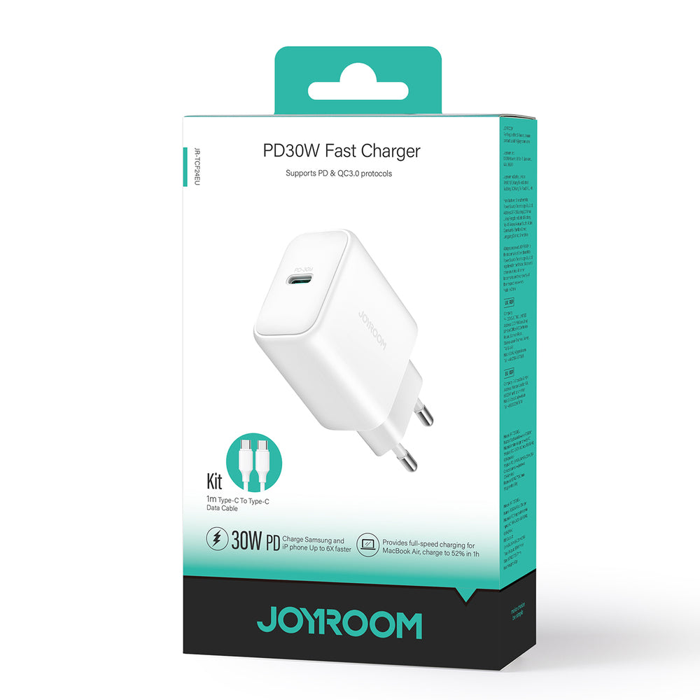 Joyroom JR-TCF24 USB-C PD 30W QC SFC netværksoplader - hvid + 1m USB-C kabel