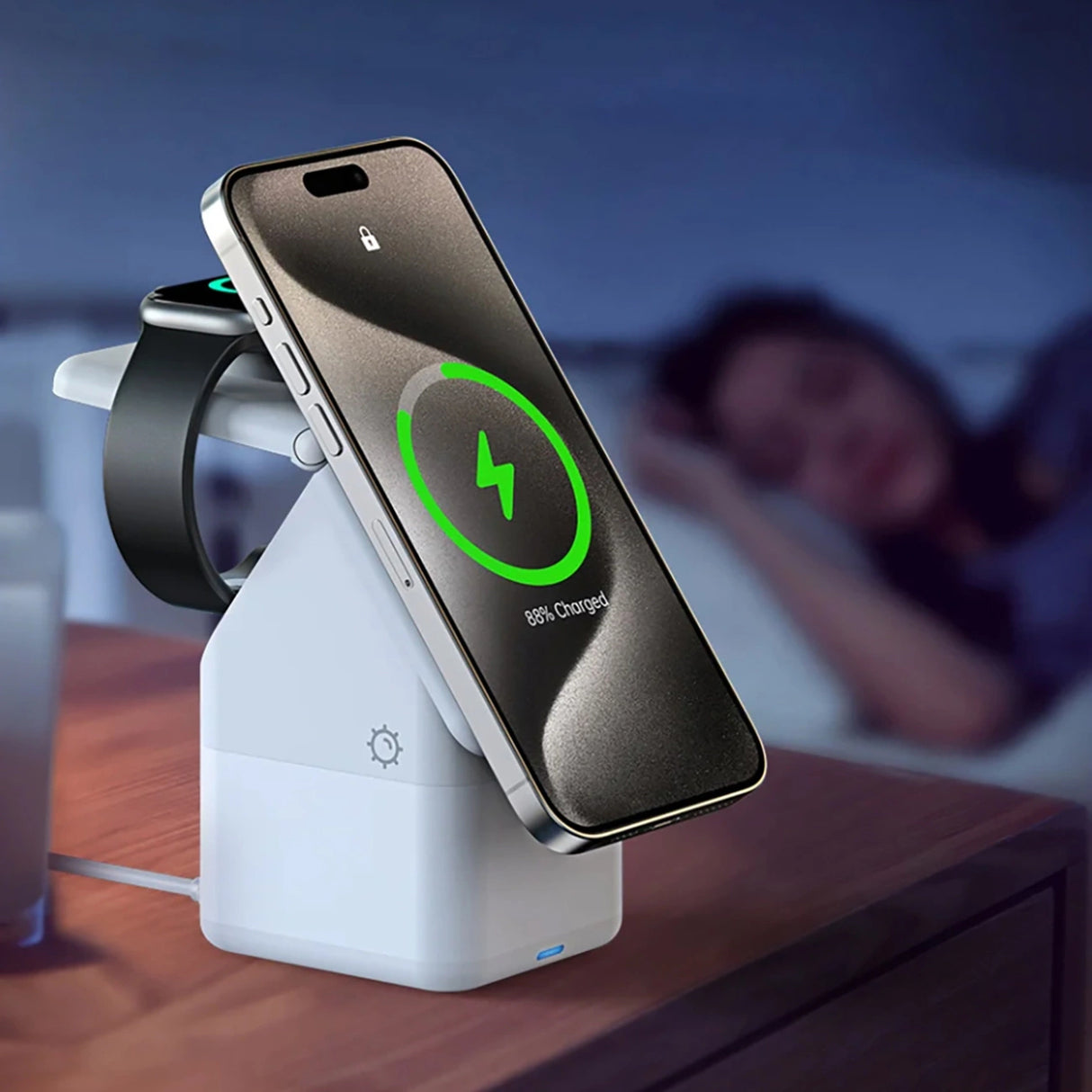 Duzzona W20 15W 4in1 induktiv oplader til iPhone / AirPods / Apple Watch med natlampe - hvid