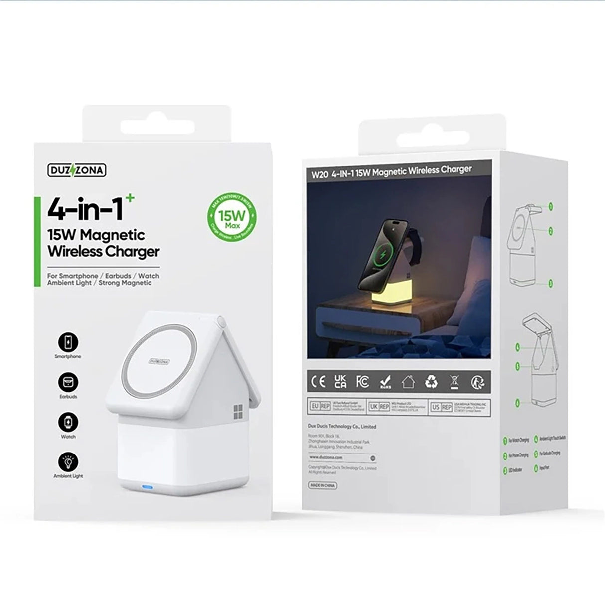 Duzzona W20 15W 4in1 induktiv oplader til iPhone / AirPods / Apple Watch med natlampe - hvid
