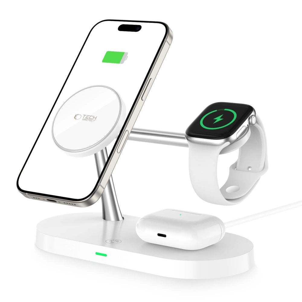Tech-Protect A12 3in1 MagSafe induktiv oplader til smartphone/hovedtelefon/smartwatch - hvid