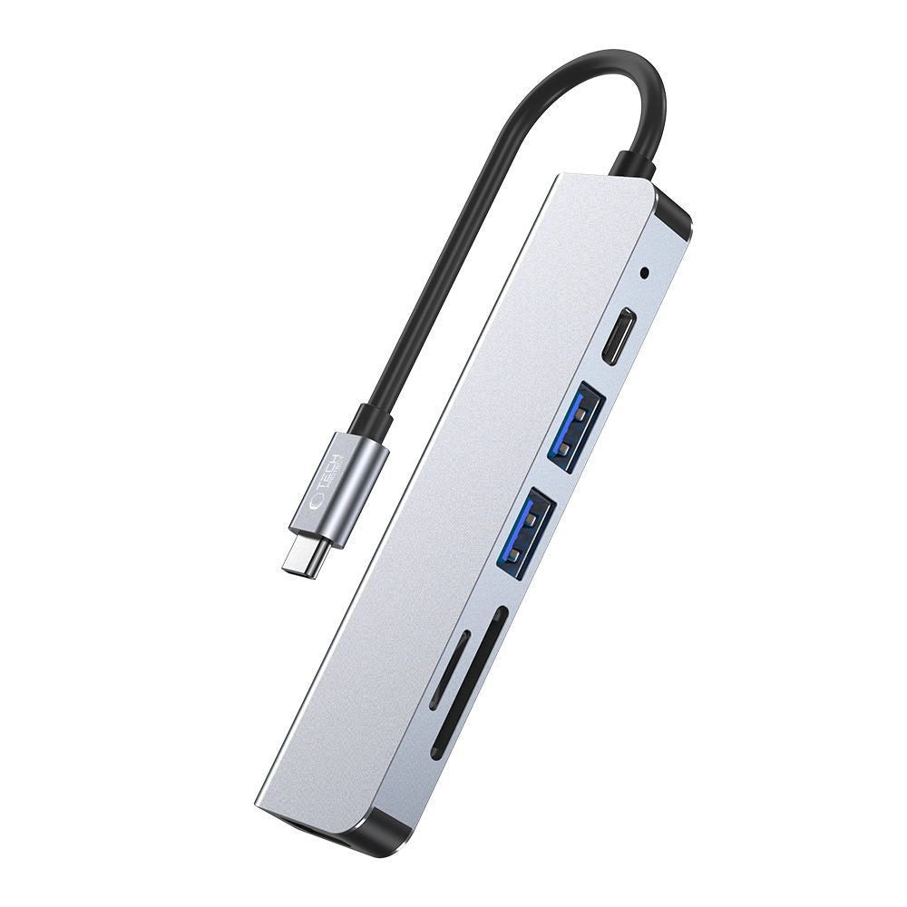 HUB Tech-Protect V4 6in1 USB-C - USB-A 3.0 / USB-A 2.0 / USB-C / HDMI / micro SD / TF / SD-kortlæser - grå