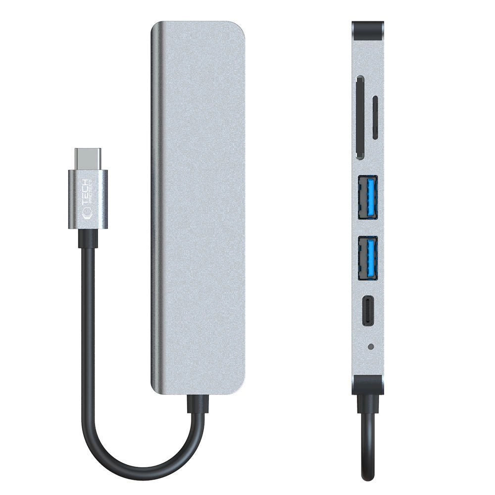 HUB Tech-Protect V4 6in1 USB-C - USB-A 3.0 / USB-A 2.0 / USB-C / HDMI / micro SD / TF / SD-kortlæser - grå