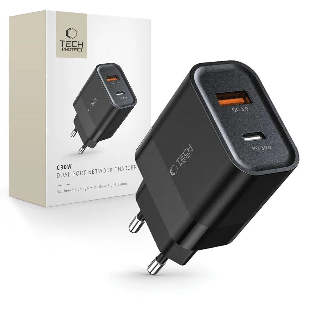 Tech-Protect C30W oplader USB-C PD 30W / USB-A QC 3.0 - sort