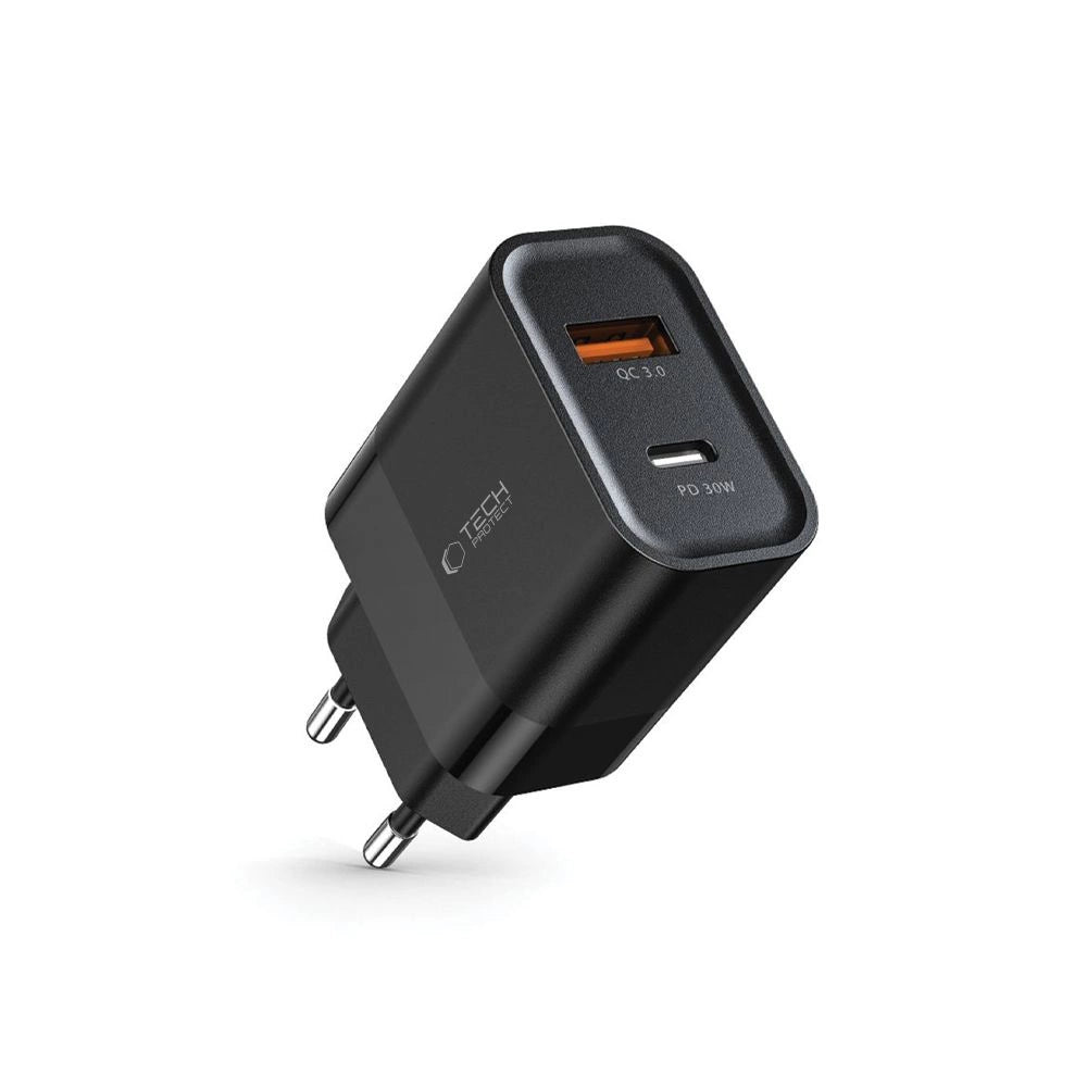 Tech-Protect C30W oplader USB-C PD 30W / USB-A QC 3.0 - sort