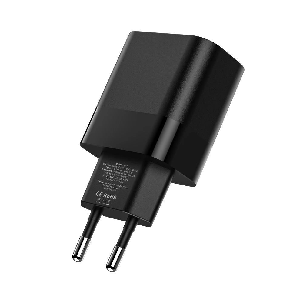 Tech-Protect C30W oplader USB-C PD 30W / USB-A QC 3.0 - sort