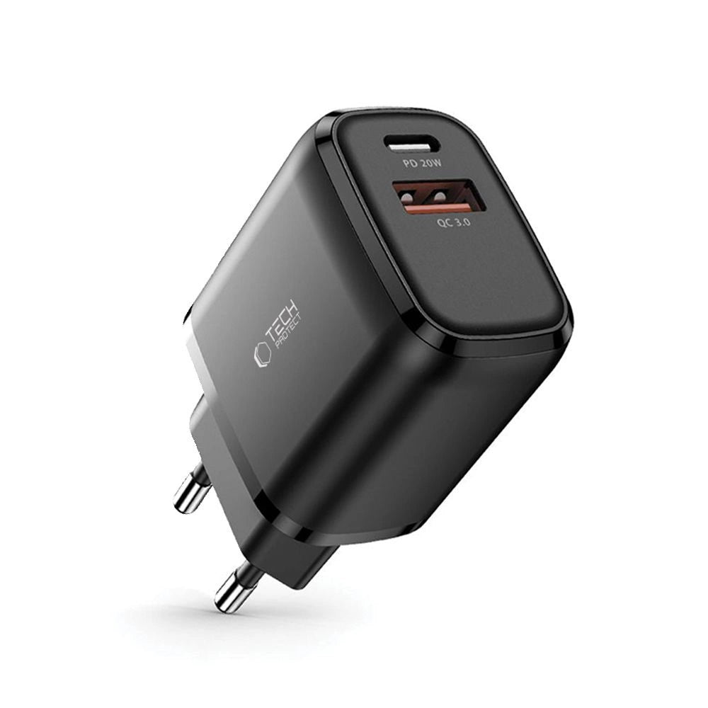 Tech-Protect C20W oplader USB-C PD 20W / USB-A QC 3.0 - sort