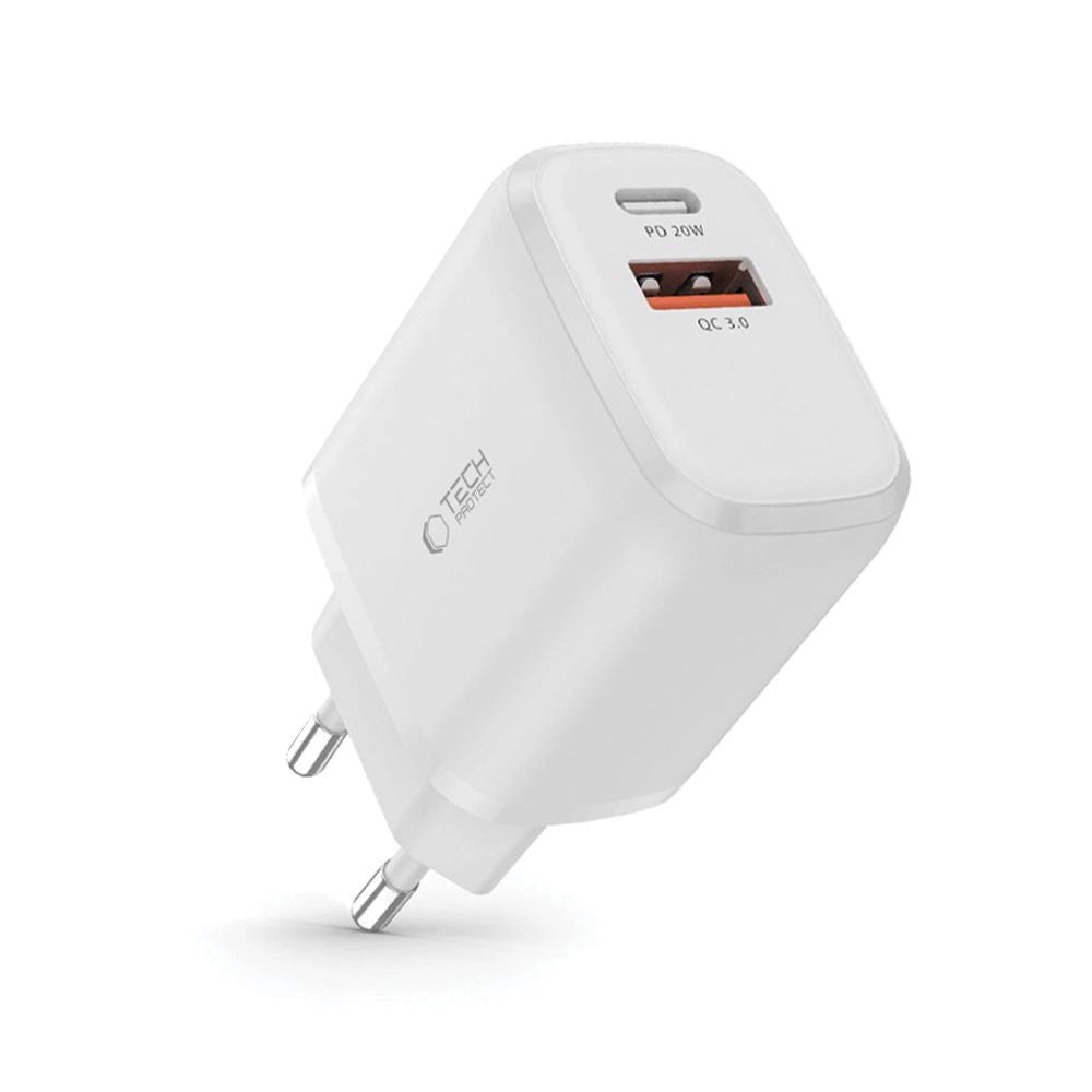 Tech-Protect C20W oplader USB-C PD 20W / USB-A QC 3.0 - hvid