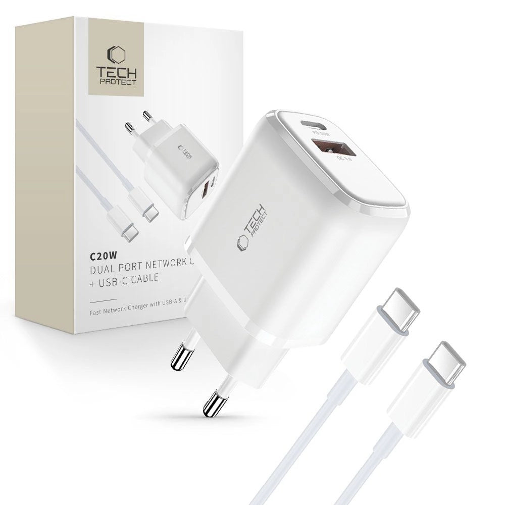 Tech-Protect C20W USB-C PD 20W / USB-A QC 3.0 oplader med USB-C / USB-C kabel - hvid