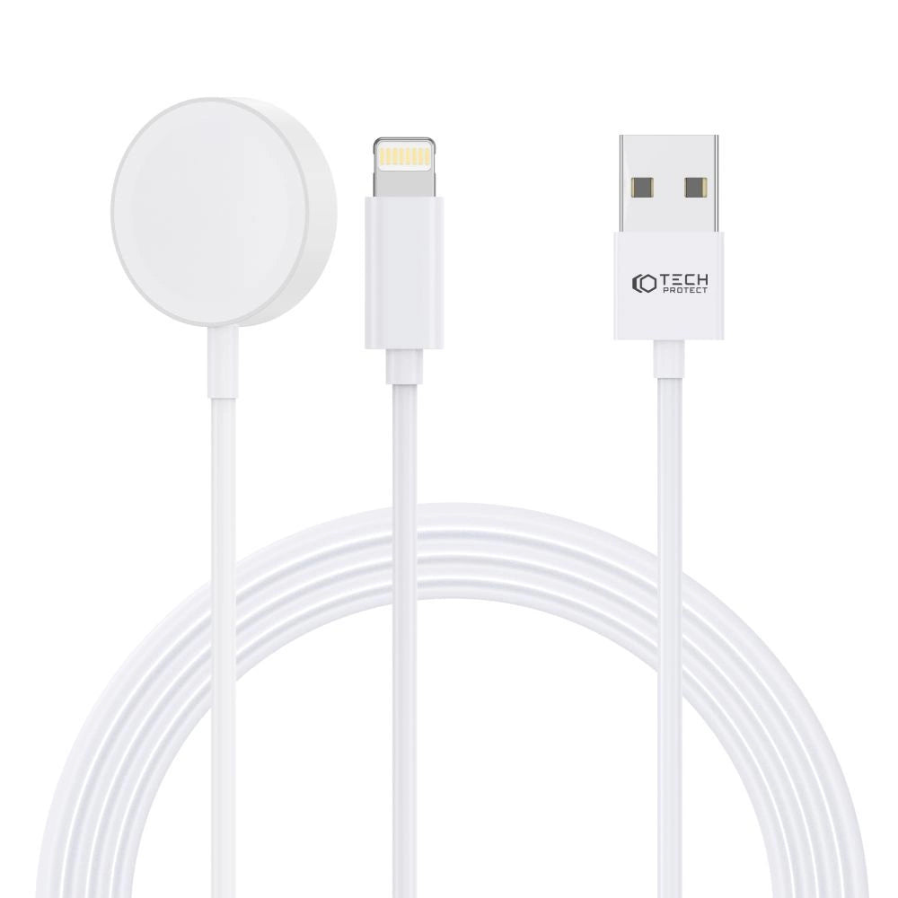 Tech-Protect UltraBoost 2in1 Magnetisk oplader med USB-C / Lightning Kabler til Apple Watch 1,5 m - Hvid
